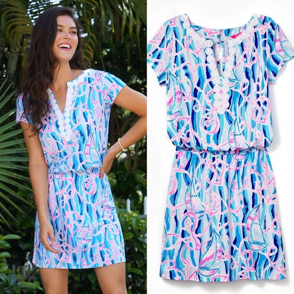 Lilly Pulitzer Pants - Lilly Pulitzer Reble Skort Romper Mini Dress Short Sleeve Skim Blue Nautical XL